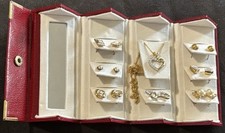 Rhinestone Heart Necklace  7 Pair Pierced Earrings w/ Faux Pearls Gift Set Box