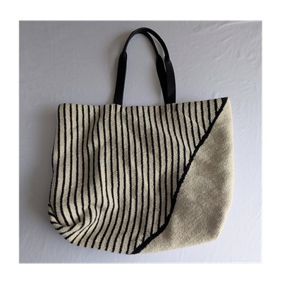 Purejill Beige/Black Striped Large Tote Bag w/ Leather Double Handles Pockets