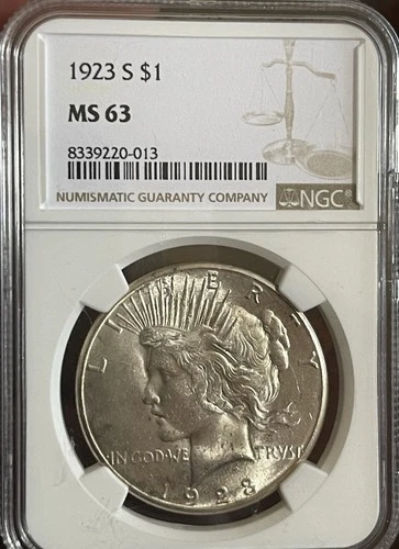 MS 63 ~ 1923 S Peace Silver Dollar ~ UNCIRCULATED ~ NGC ~ 90% Silver $1