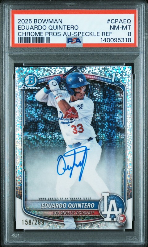 EDUARDO QUINTERO RC 2025 1ST BOWMAN CHROME SPECKLE ROOKIE AUTO SP 158/299 PSA 8