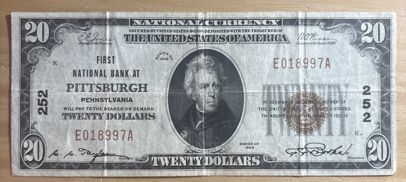 1929 $20 National Currency - First National Bank of Pittsburg, PA #252 E018997A