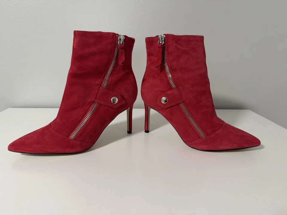 Nine West 红色麂皮绒踝靴女式 9M 码尖头细跟拉链 — 第 3/4 张图片