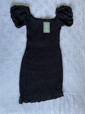 H&M Black Shirred Puff Sleeve Mini Dress BNWT Size S Ruched Bodycon