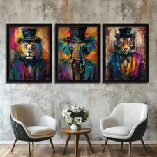 Set Of 3 Prints Animal Graffiti Wall Art Lion Elephant Tiger Portrait Bold Art