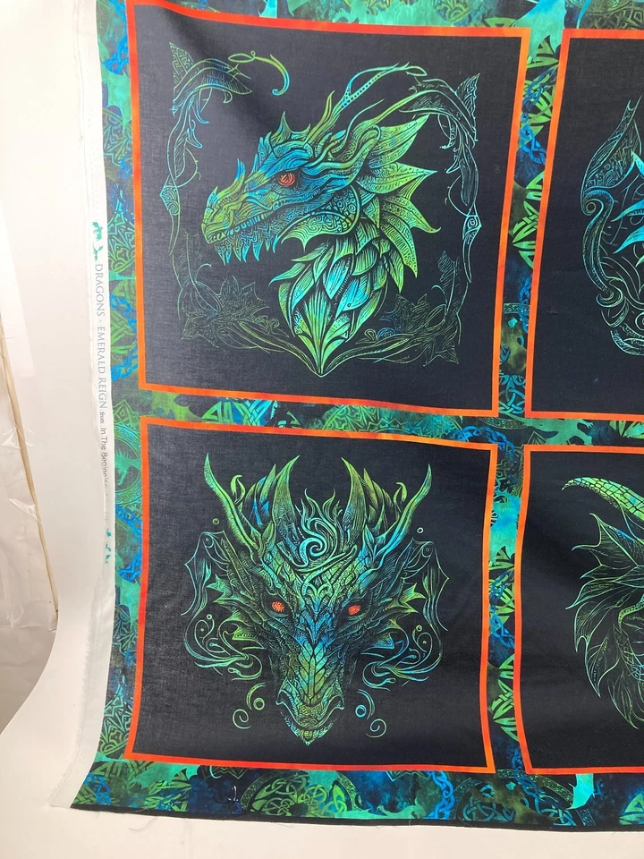 Panel de tela cabezas de dragón Emerald Reign 6 bloques verde azul celta 31" x 44" Foto 2 de 4
