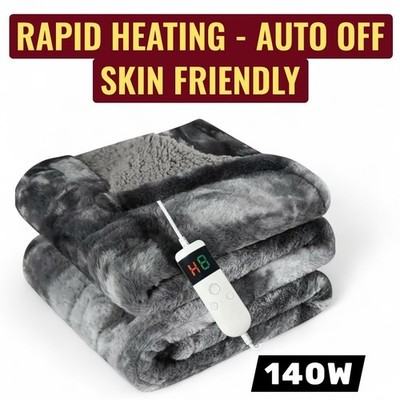 Faux Fur Sherpa BLACK Heated Electric Full Size Blanket 10 Heat Set Auto Off NIB