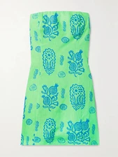 Rhode Women Giovanna Strapless Printed Linen Mini Dress Basic Blue Us2