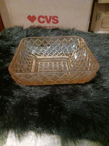 Vtg Pink Depression Diamond Pattern Square Glass Candy Bowl