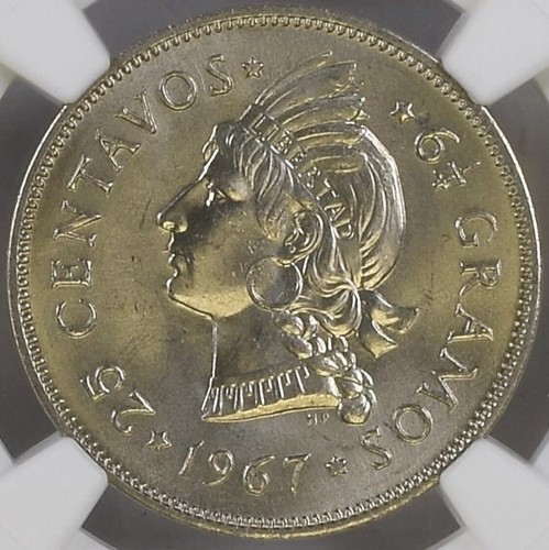 DOMINICAN REPUBLIC 25 CENTAVOS 1967 - NGC MS66 - Picture 2 of 4
