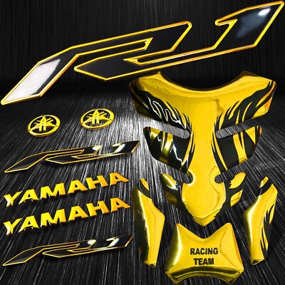 Chrome Gold Tribal Fire Gas/Fuel Tank Pad+3D 6''Logo+YZF-R1 2-Tone Emblem Sticker