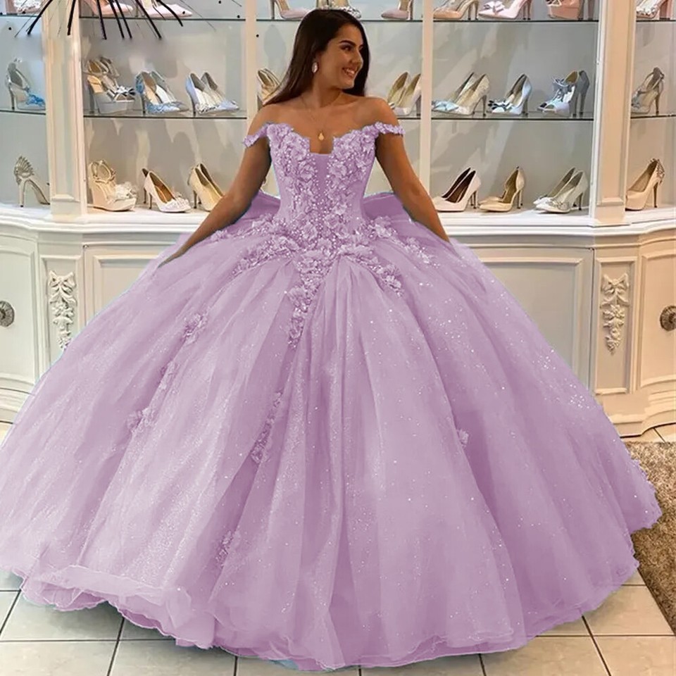 Shiny Off The Shoulder Ball Gown with 3D Flowers Sweet 16 Dress Y4351
