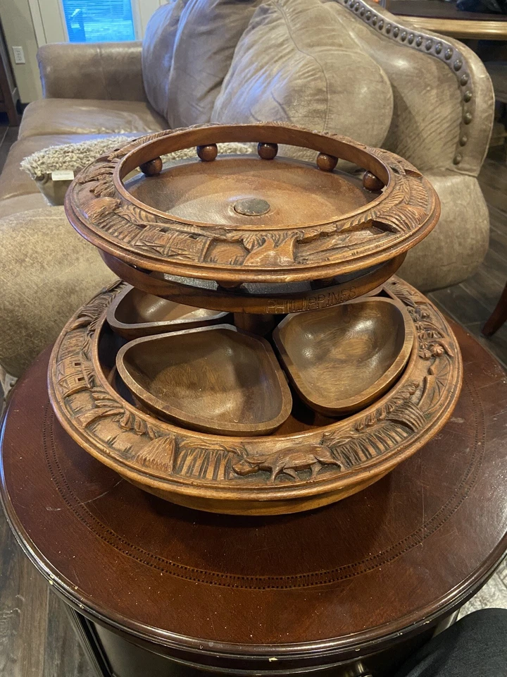 MCM Hand CARVED WOOD LAZY SUSAN MAN & OX Oriental Fruit Candy Snacks Chips Dip - Image 3 of 4