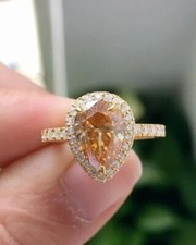 2Ct Pear Cut Simulated Citrine Engagement Halo Ring 14k Yellow Gold Plated