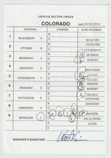 8-22-14 Colorado Rockies Game Used Lineup Card Nolan Arenado & Charlie Blackmon