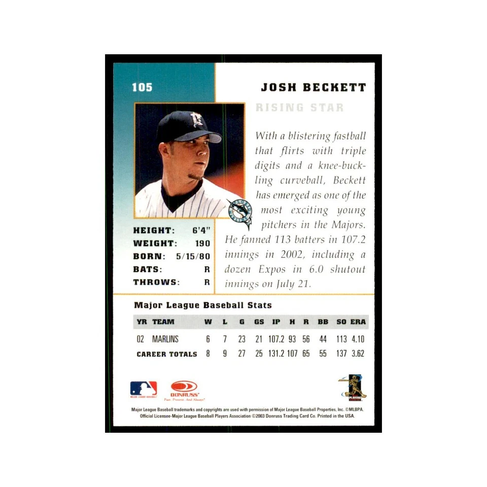 2003 Donruss Champions Josh Beckett Baseball Cards #105 - Image 2 of 3