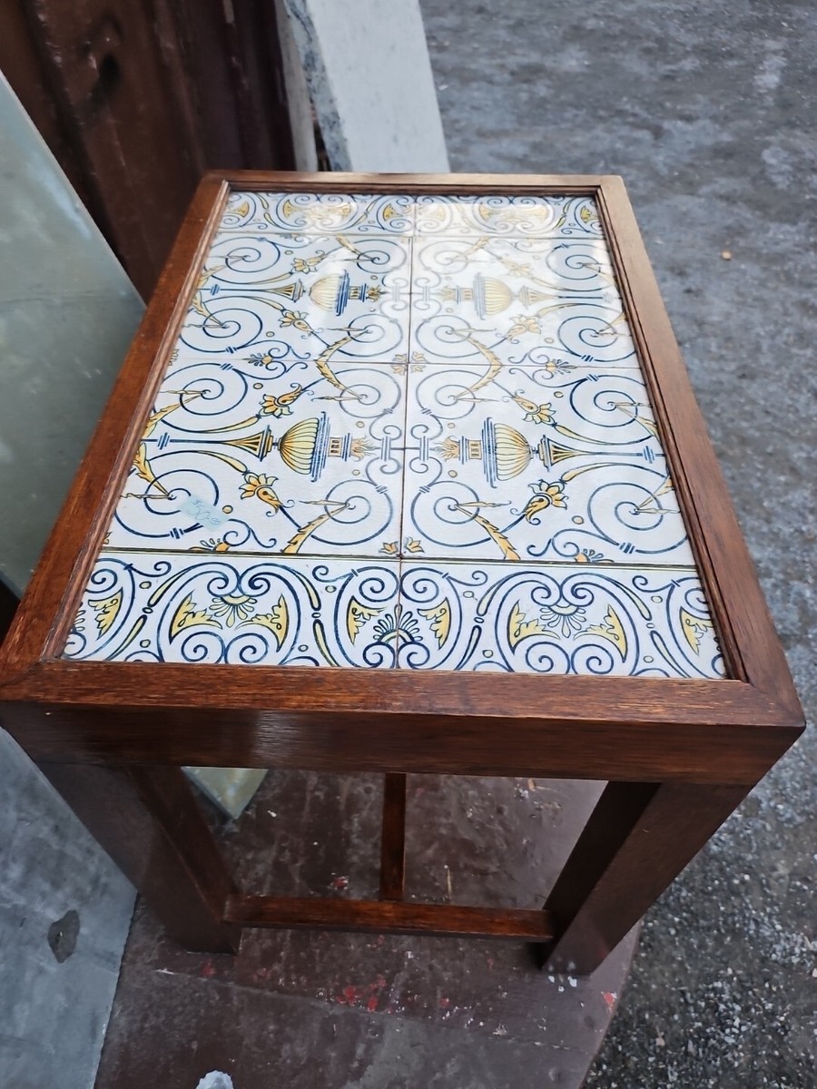 Vintage Mid Century Modern Reclaimed English Tile Top Side Vintage Mid Century Modern Reclaimed English Tile Top Side