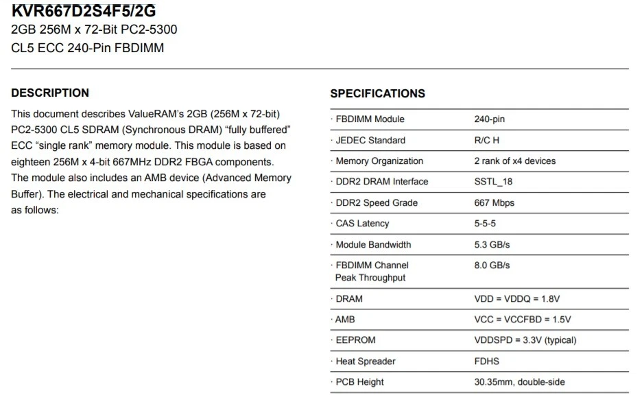 PC Kingston Pair Dimm Ram 2GB KVR667D2S4F5/2G 240Pin Fully Buffered NEW SEALED - Image 3 of 4