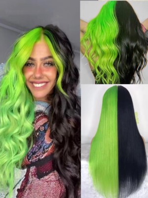 Half Green Half Black Straight Lace Front Wigs Fiber Cosplay Wig
