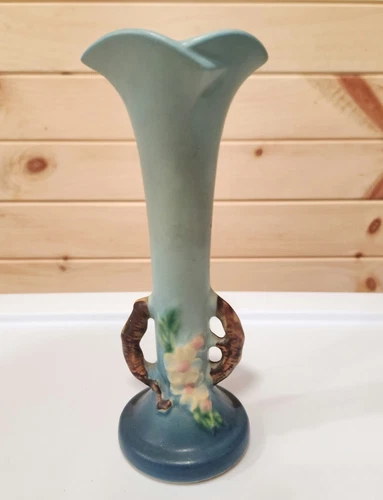 Vtg 1949 Roseville Apple Blossom Blue Art Pottery Bud Vase 379-7