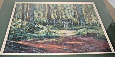 large Matted Print of pastel two wolves in forest by Jane Spiegel NEW & sealed