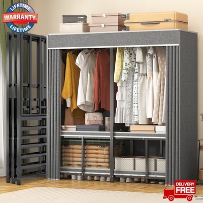 Heavy Duty Closet Organizer Portable Wardrobe Clothes Shoe Clothes Rack w/ Cover