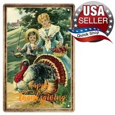 Metal Tin Sign • Victorian Girl & Boy • Turkey • Happy Thanksgiving •Retro Look