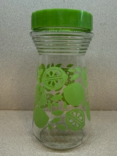 Vintage Lime Pattern Pyrex Glass Juice Carafe Holds 24oz. Measurements on Side