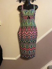 RIVER ISLAND LADIES GREEN PINK MULTI BODYCON MIDI DRESS SIZE 8 UK