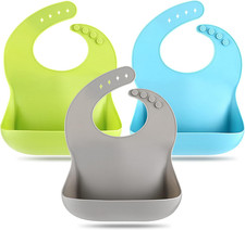 3 Pack Silicone Baby Bibs Soft Adjustable with Pocket Food Catcher Grey
