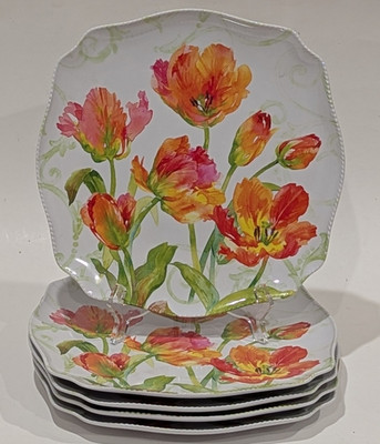 Melamine Dinner Plates, Orange Red Tulip, Patio Pool Picnic Outdoor BBQs, Set/5