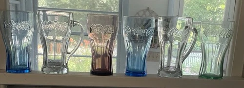 VTG Coca Cola Glasses Amethyst  Green Blue Clear 6”Tall Set of 6