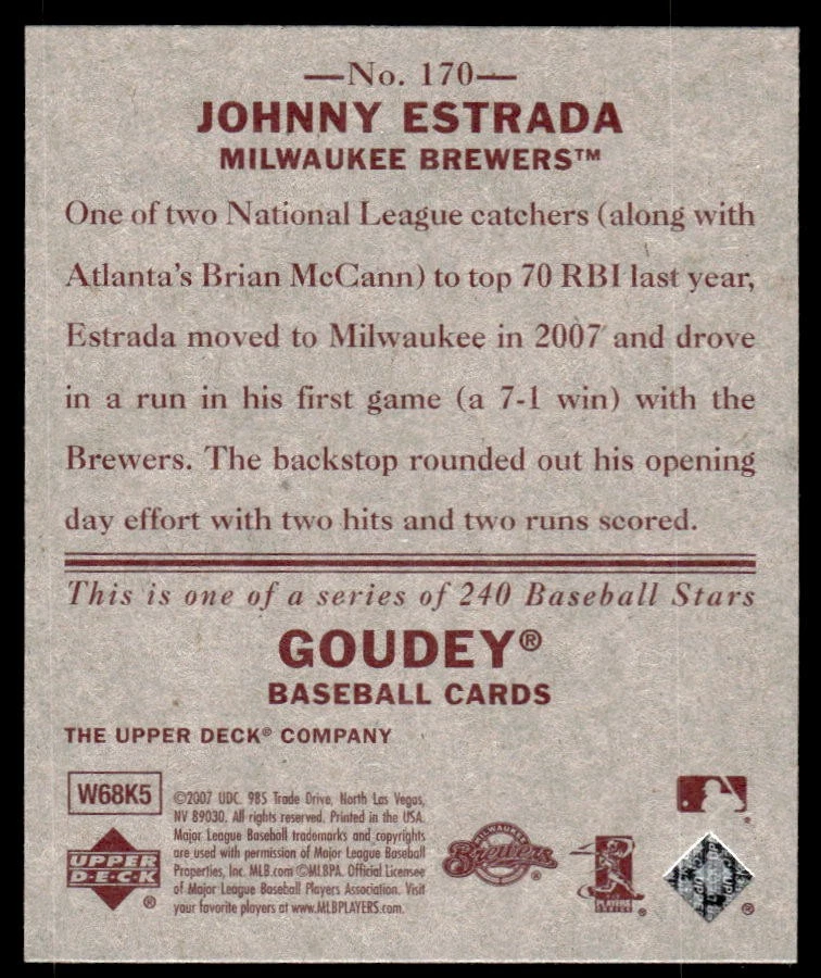 2007 Upper Deck Goudey Red Backs Johnny Estrada #170 Milwaukee Brewers - Image 2 of 2