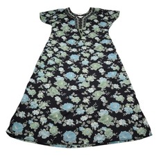 Little Art Dress Womens XL Black Blue Green Floral Print Cotton Short Sleeve