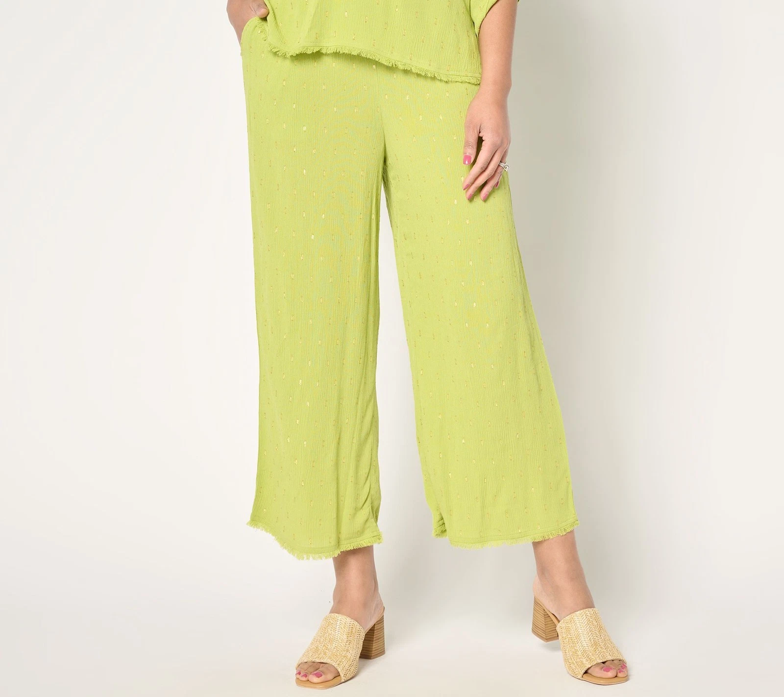 Susan Graver Women's Pants Sz L Soleil Lurex Clip Dot Wide Leg Crop Green