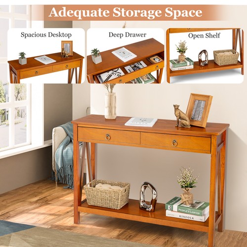 Costway Console Table w/ Open Shelf &Drawer, Modern Sofa Side Table Cherry - Picture 6 of 8