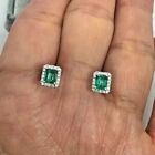 Stud Earrings 14K White Gold Plated 1.20Ct Emerald Cut Lab-Created Emerald Halo