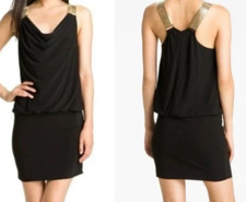 NWT BETSY  ADAM Black STRETCH KNIT Gold Mesh Straps DRAPE NECK Blouson Dress 8