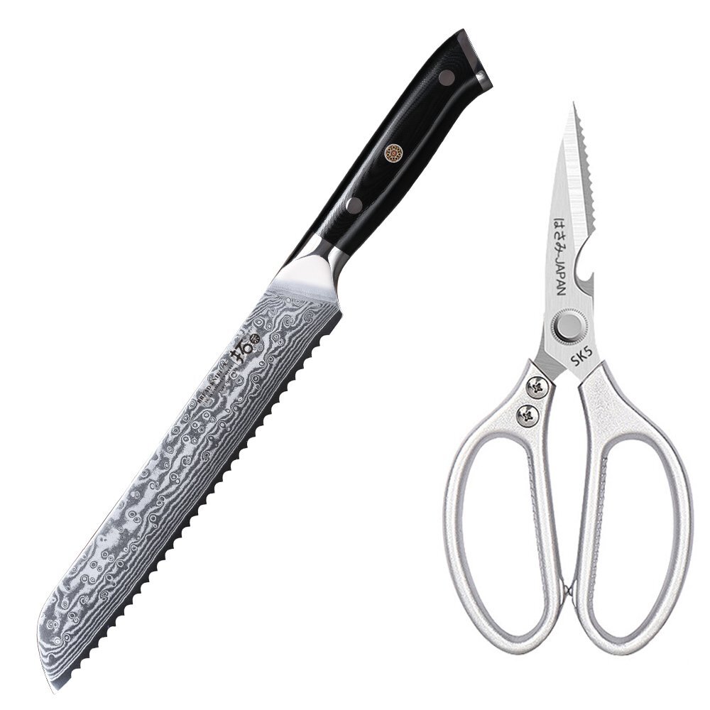 Cuchillo de pan japonés de 21 cm VG10 acero damasco cuchillo de cocina con juego de tijeras de cocina