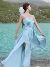 Women's temperament grace Tube top folds flowers decorate high waist long dress 