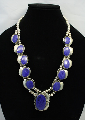 Vintage Navajo Lapis Sterling Silver Squash Blossom Necklace 24''
