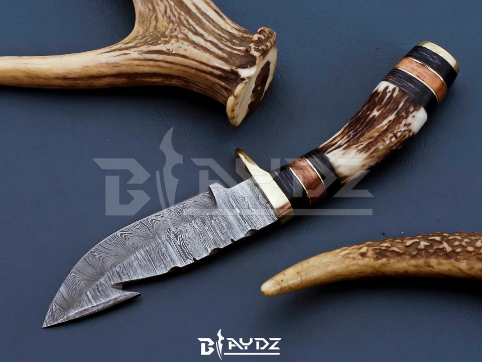 Cuchillo de caza con asta de ciervo mango de cuerno forjado de acero Damasco hoja fija Foto 4 de 4
