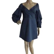 Express Wrap Dress Sz 4 Blue Off The Shoulder Cotton Surplice puff sleeve small