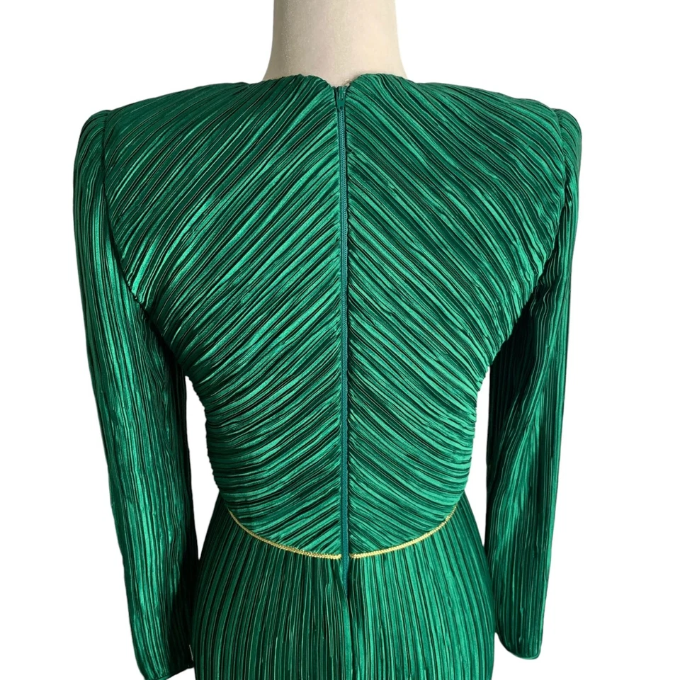 Vestido de Noche George F Couture Vintage Años 80 S Verde Acordeón Pliegues Diseñador Cremallera Foto 4 de 4