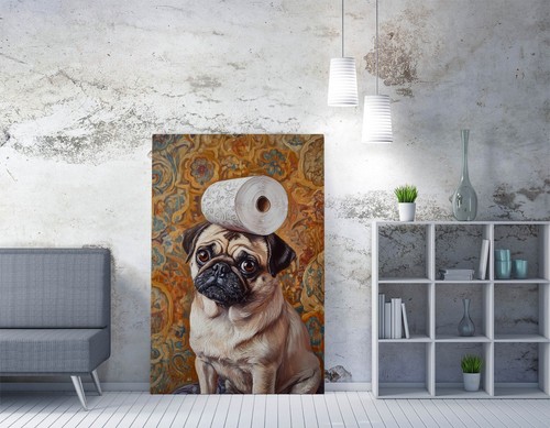ÖLFARBE STIL MOPS HUND LUSTIGE BADEZIMMERKUNST - GERAHMTE LEINWAND WANDBILD BILD DRUCK - Bild 2 von 2