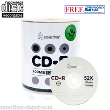 100 Pack Smartbuy CD-R 52X 700MB/80Min Logo Top Surface Blank Media Record Disc