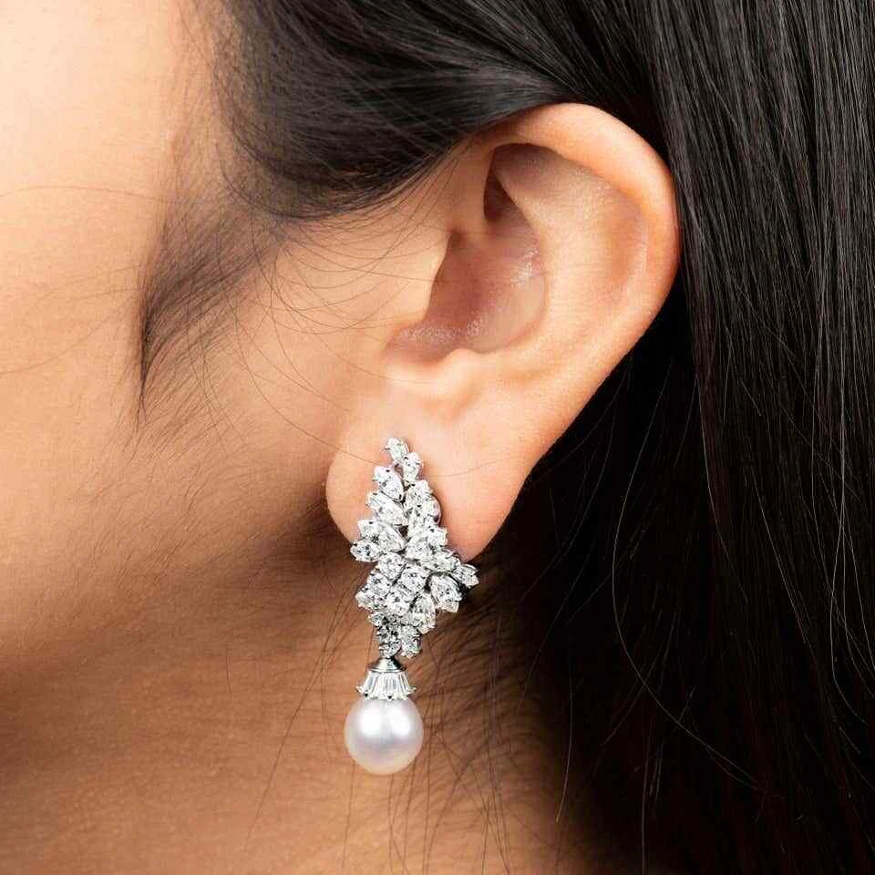 10.05 CT Multi Cut White Cubic Zirconia & White Pearl Awesome Fine Drop Earrings - Image 3 of 4