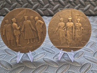 2 x 68mm World War I Themed Bronze Medallions Nicely Detailed 142g Each