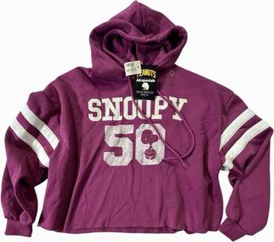 Peanuts Aeropostale Womens Size XS Crop Hoodie Snoopy 50 Sweatshirt Purple NWT