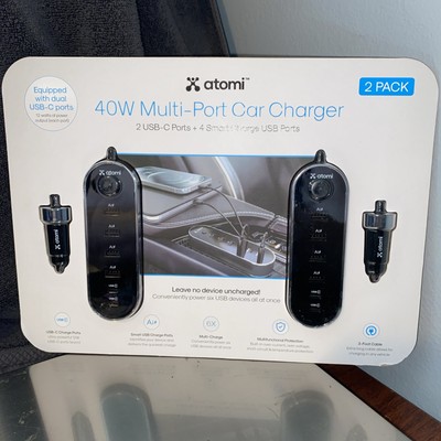 **2 PACK* Atomi 40W Multi-Port Car Charger 2 USB-C Ports + 4 Smart USB Ports NEW