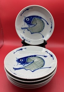 6 Antique Arita Porcelain Koi Carp Fish Blue,White&Green Soup Pasta Bowls 8"